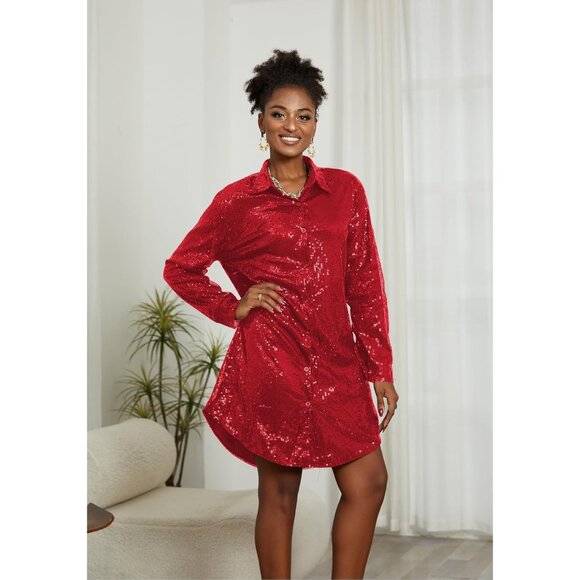 Sequin Midi Dress Women Long Sleeve Party Glitter V-Neck Size X-Large - Picture 4 of 5